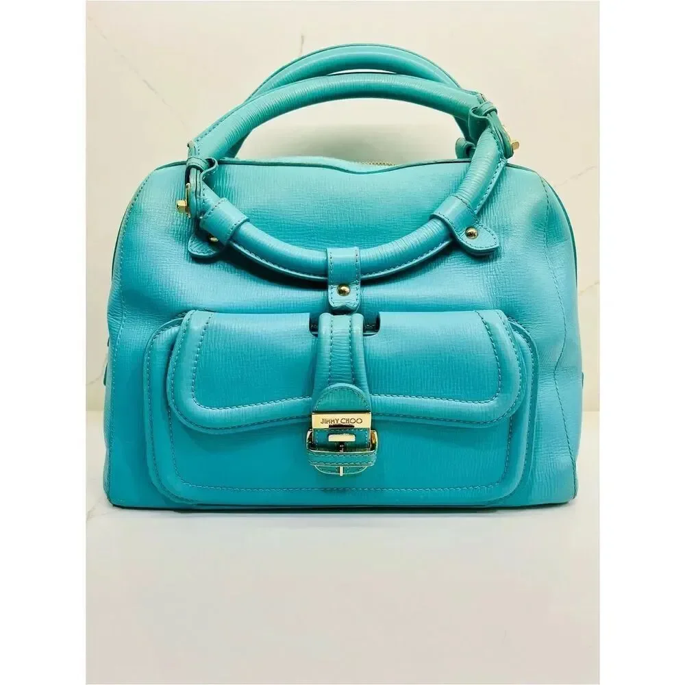 ✨ Jimmy Choo Vintage Turquoise Leather Satchel Top Handle Gold Hardware Bag